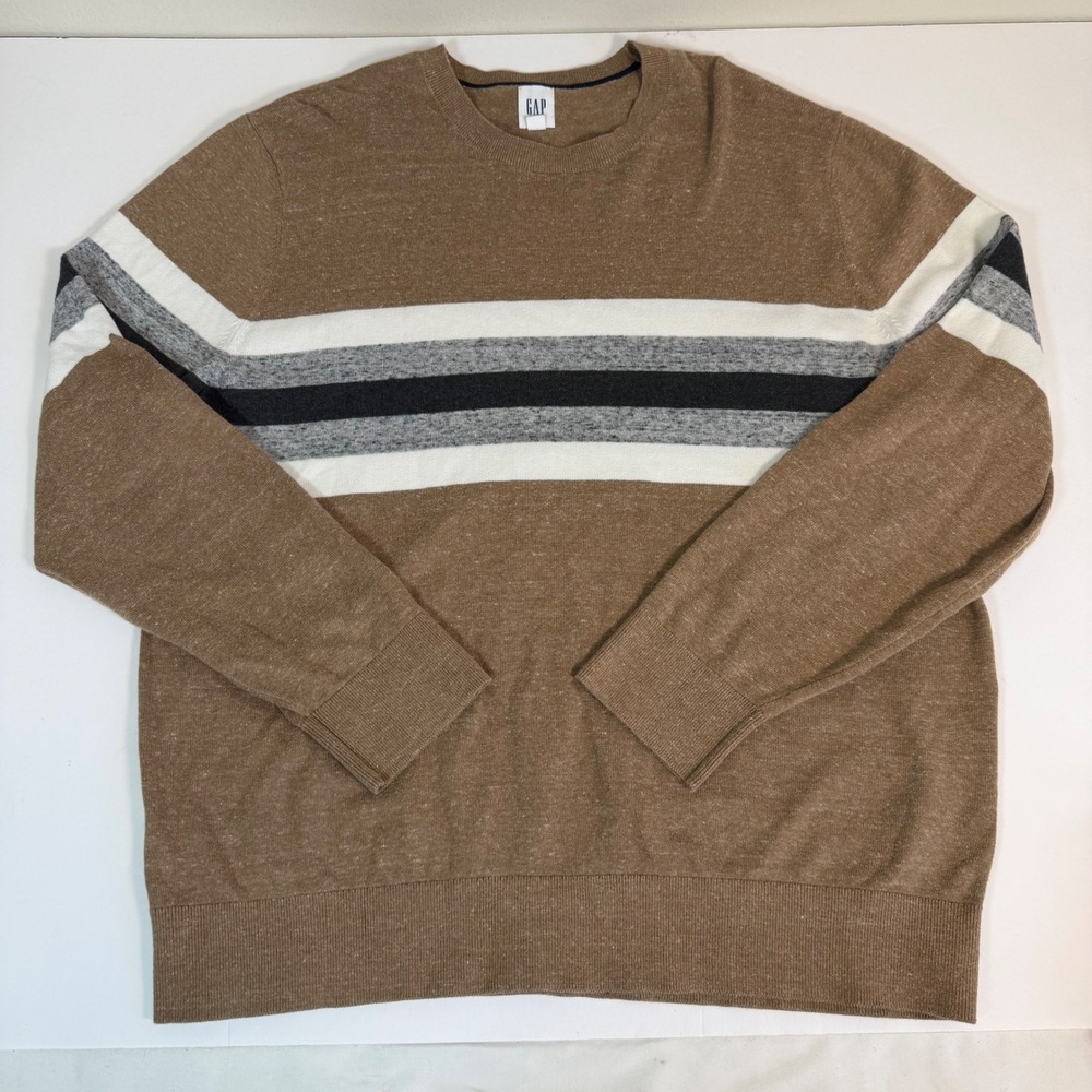 GAP Mens XL Crewneck Sweater Brown Striped Pullover Long Sleeve Casual Knit‎